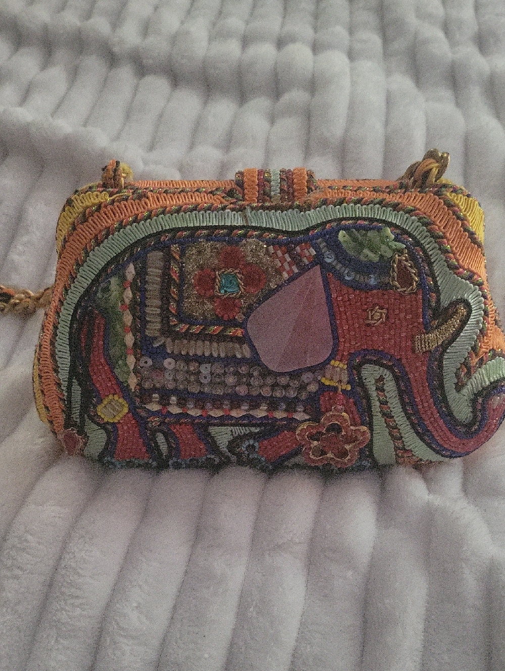 Mary Frances Multicolor Beaded Elephant Clutch with Gold Chain